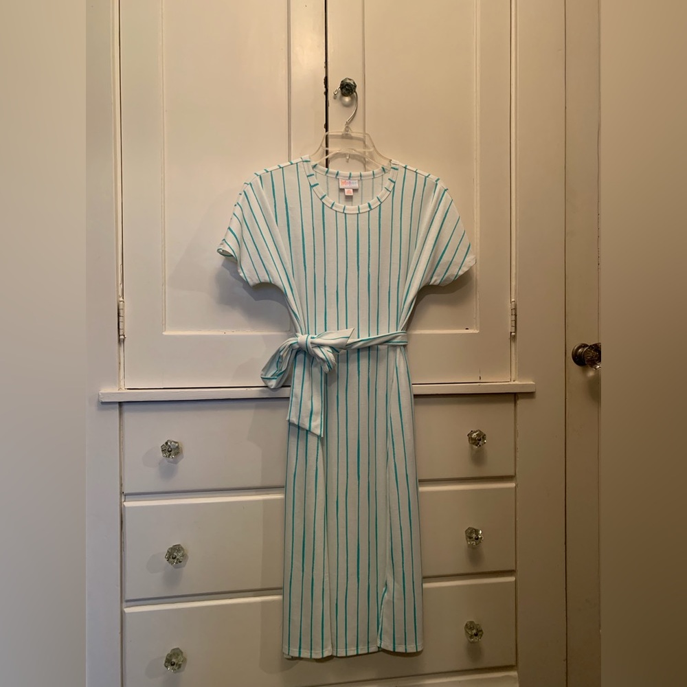 Lularoe Marly white and teal stripe dress with pockets and waist tie size XS